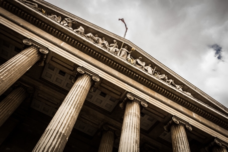 The front of a court house.